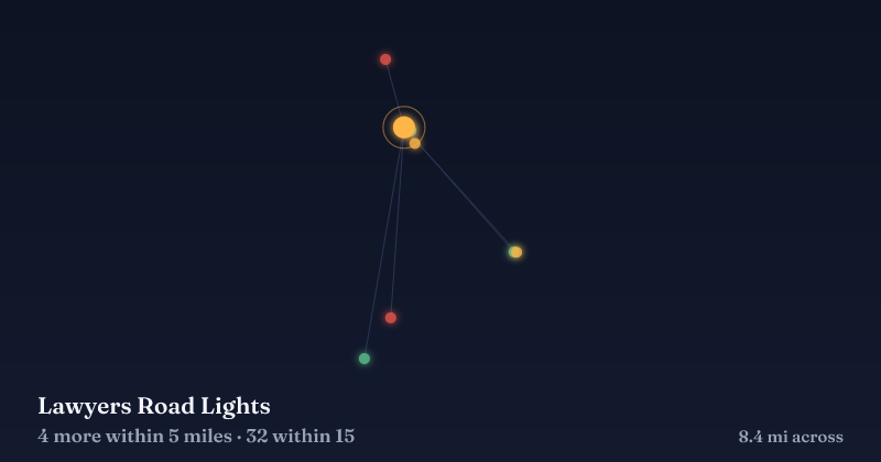 Map of Lawyers Road Lights and the 32 other Christmas light displays within 15 miles