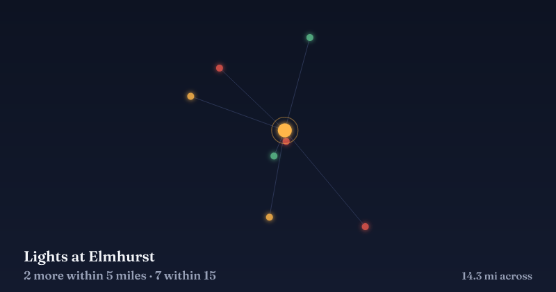 Map of Lights at Elmhurst and the 7 other Christmas light displays within 15 miles