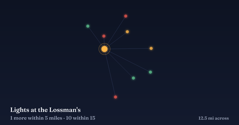 Map of Lights at the Lossman's and the 10 other Christmas light displays within 15 miles
