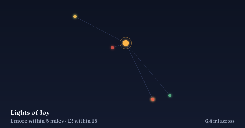 Map of Lights of Joy and the 12 other Christmas light displays within 15 miles