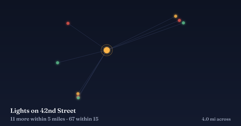 Map of Lights on 42nd Street and the 67 other Christmas light displays within 15 miles