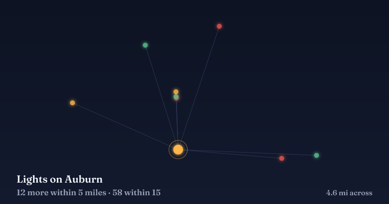 Map of Lights on Auburn and the 58 other Christmas light displays within 15 miles