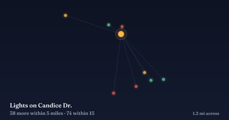 Map of Lights on Candice Dr. and the 74 other Christmas light displays within 15 miles