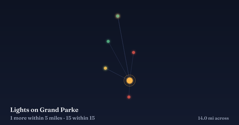 Map of Lights on Grand Parke and the 15 other Christmas light displays within 15 miles