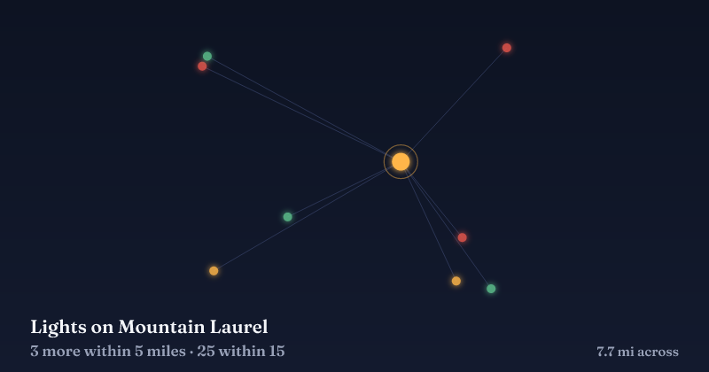 Map of Lights on Mountain Laurel and the 25 other Christmas light displays within 15 miles