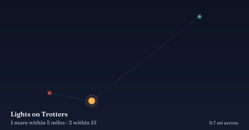 Map of Lights on Trotters and the 2 other Christmas light displays within 15 miles