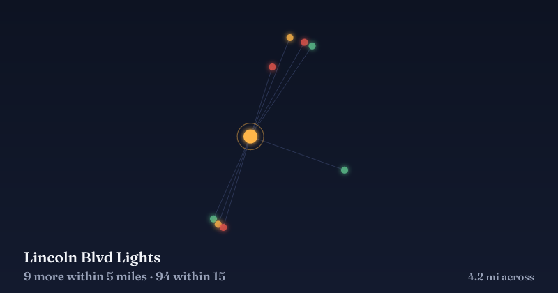 Map of Lincoln Blvd Lights and the 94 other Christmas light displays within 15 miles