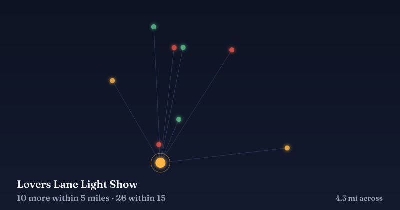 Map of Lovers Lane Light Show and the 26 other Christmas light displays within 15 miles