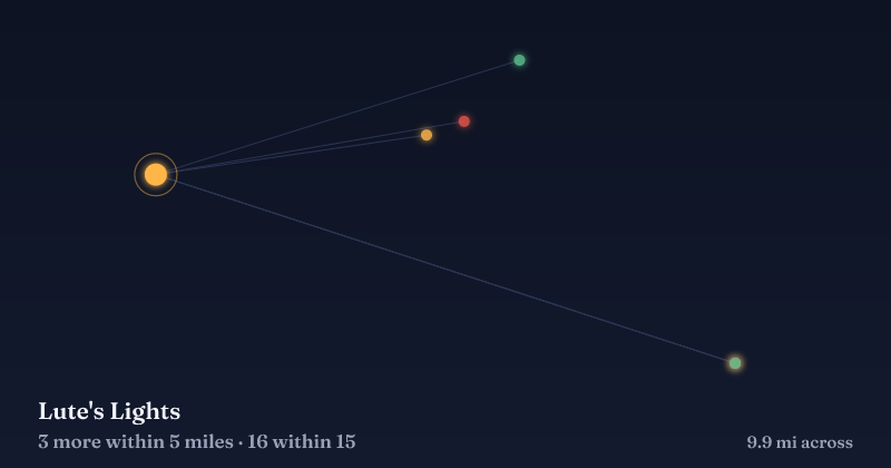 Map of Lute's Lights and the 16 other Christmas light displays within 15 miles