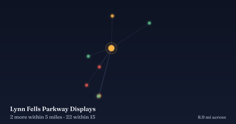Map of Lynn Fells Parkway Displays and the 22 other Christmas light displays within 15 miles