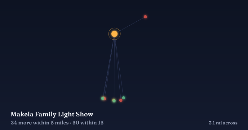 Map of Makela Family Light Show and the 50 other Christmas light displays within 15 miles