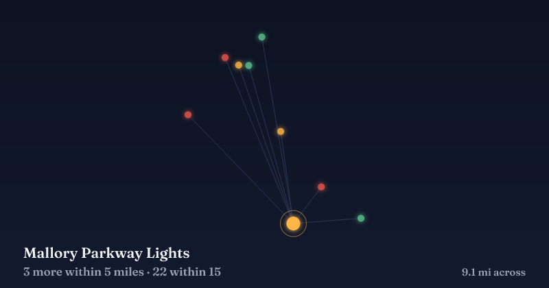 Map of Mallory Parkway Lights and the 22 other Christmas light displays within 15 miles