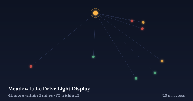 Map of Meadow Lake Drive Light Display and the 75 other Christmas light displays within 15 miles