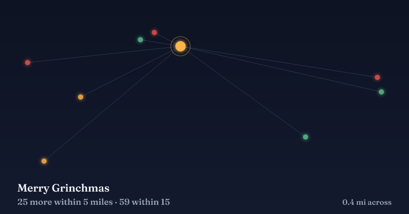 Map of Merry Grinchmas and the 59 other Christmas light displays within 15 miles