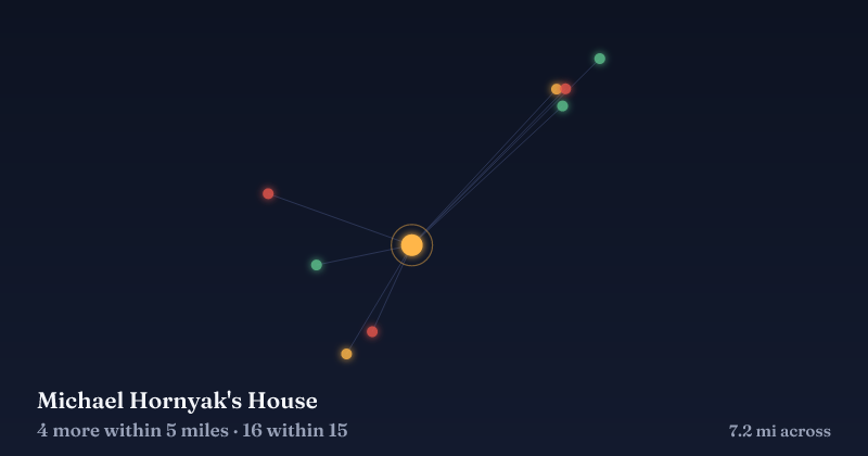 Map of Michael Hornyak's House and the 16 other Christmas light displays within 15 miles