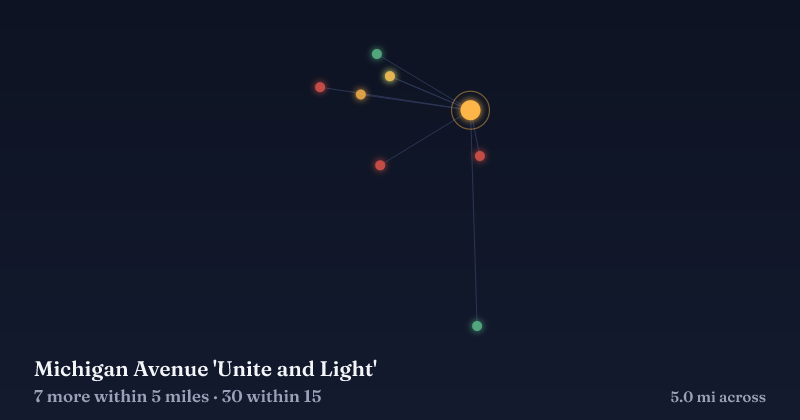 Map of Michigan Avenue 'Unite and Light' and the 30 other Christmas light displays within 15 miles