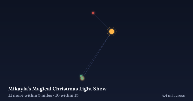 Map of Mikayla's Magical Christmas Light Show and the 16 other Christmas light displays within 15 miles