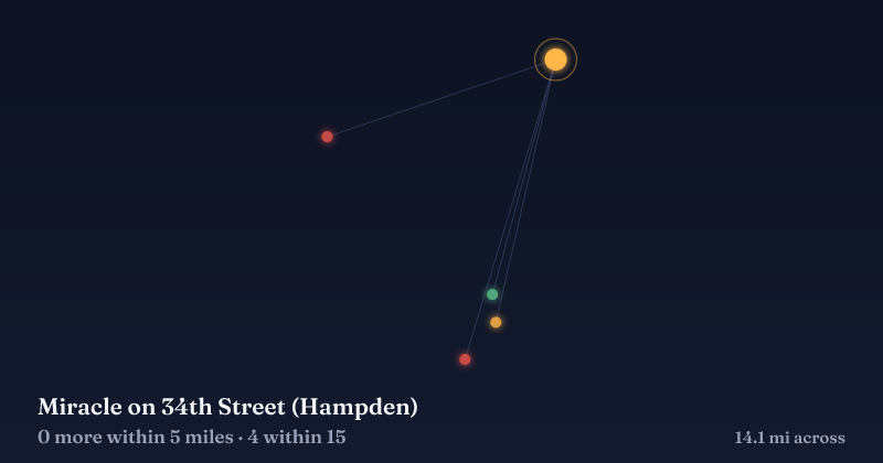 Map of Miracle on 34th Street (Hampden) and the 4 other Christmas light displays within 15 miles