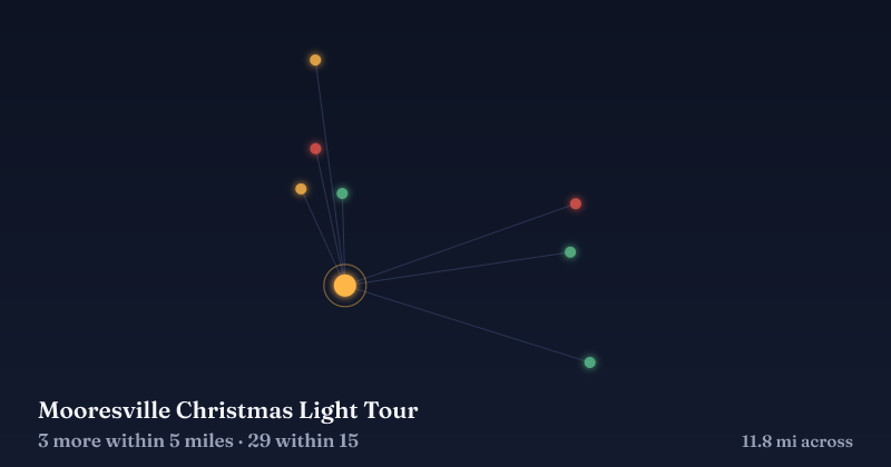 Map of Mooresville Christmas Light Tour and the 29 other Christmas light displays within 15 miles