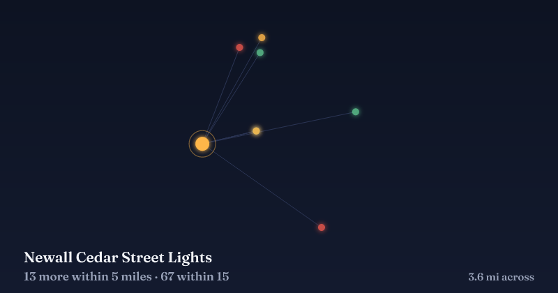 Map of Newall Cedar Street Lights and the 67 other Christmas light displays within 15 miles