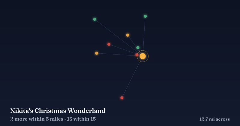 Map of Nikita's Christmas Wonderland and the 13 other Christmas light displays within 15 miles