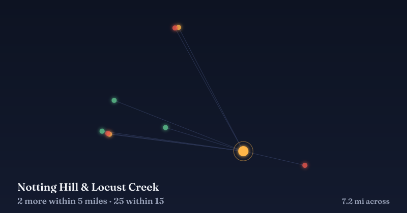 Map of Notting Hill & Locust Creek and the 25 other Christmas light displays within 15 miles