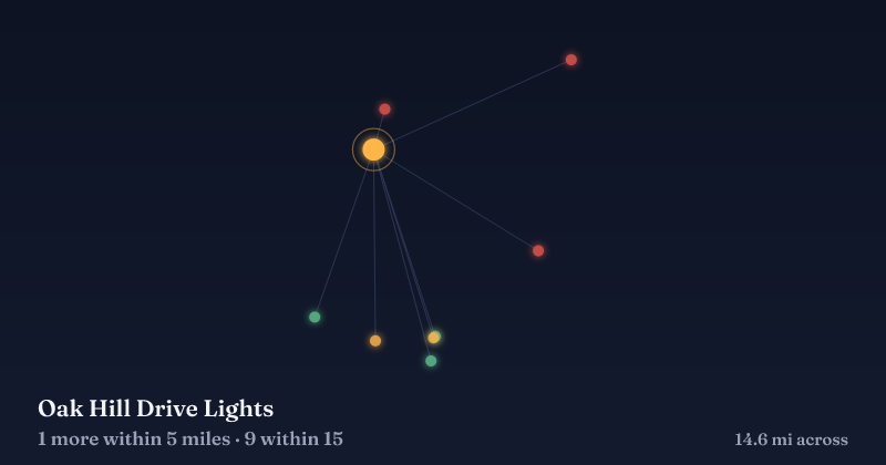Map of Oak Hill Drive Lights and the 9 other Christmas light displays within 15 miles