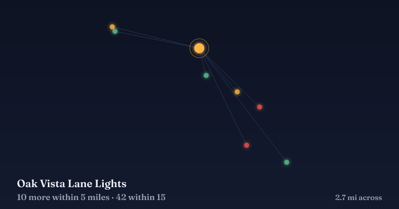 Map of Oak Vista Lane Lights and the 42 other Christmas light displays within 15 miles
