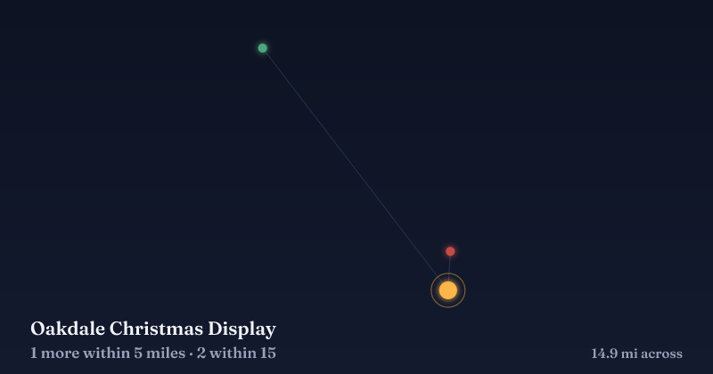 Map of Oakdale Christmas Display and the 2 other Christmas light displays within 15 miles