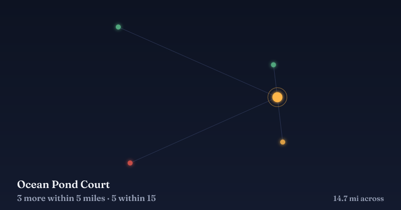 Map of Ocean Pond Court and the 5 other Christmas light displays within 15 miles