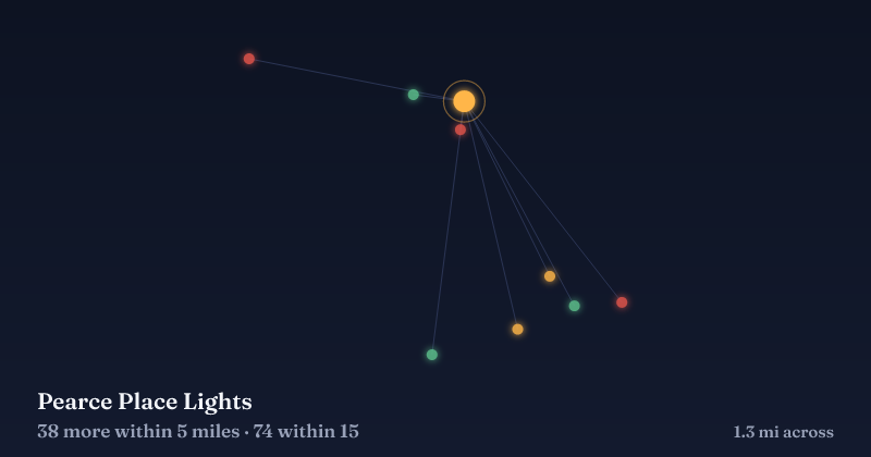 Map of Pearce Place Lights and the 74 other Christmas light displays within 15 miles