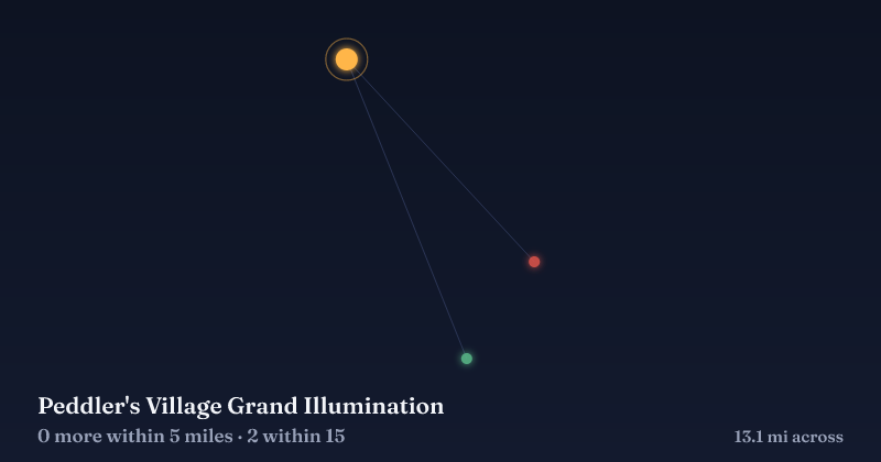Map of Peddler's Village Grand Illumination and the 2 other Christmas light displays within 15 miles
