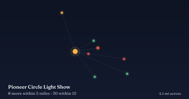 Map of Pioneer Circle Light Show and the 30 other Christmas light displays within 15 miles