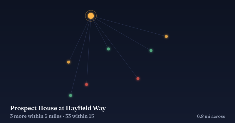 Map of Prospect House at Hayfield Way and the 33 other Christmas light displays within 15 miles