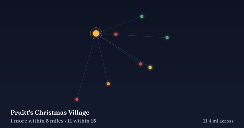 Map of Pruitt's Christmas Village and the 11 other Christmas light displays within 15 miles