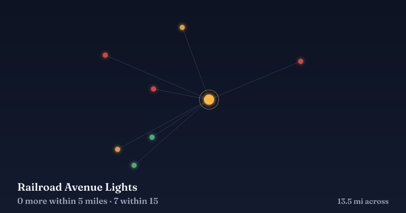 Map of Railroad Avenue Lights and the 7 other Christmas light displays within 15 miles
