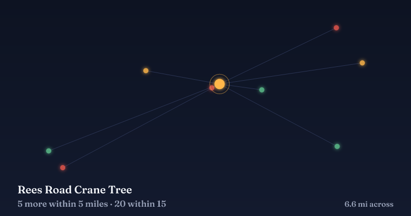 Map of Rees Road Crane Tree and the 20 other Christmas light displays within 15 miles