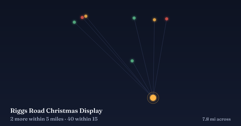 Map of Riggs Road Christmas Display and the 40 other Christmas light displays within 15 miles