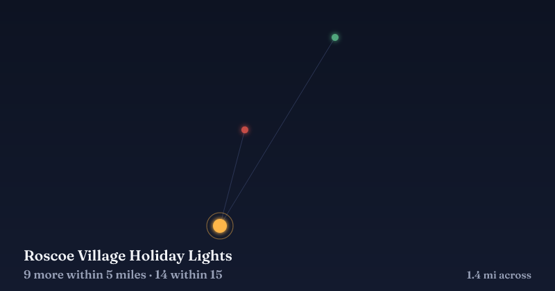 Map of Roscoe Village Holiday Lights and the 14 other Christmas light displays within 15 miles
