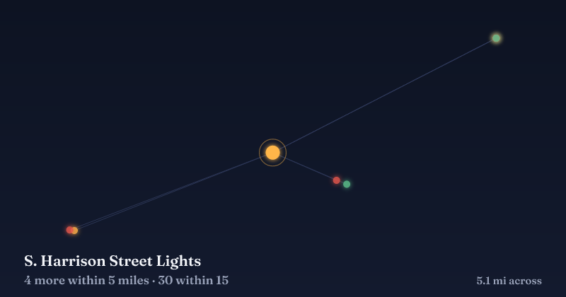 Map of S. Harrison Street Lights and the 30 other Christmas light displays within 15 miles