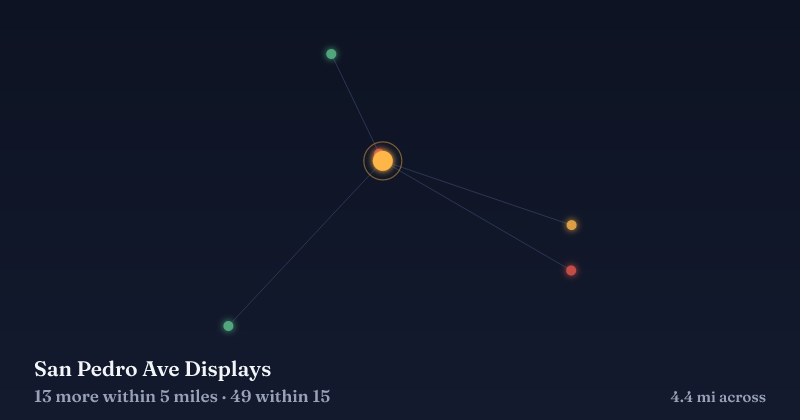 Map of San Pedro Ave Displays and the 49 other Christmas light displays within 15 miles