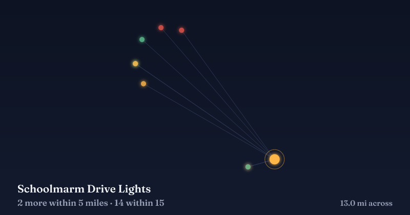 Map of Schoolmarm Drive Lights and the 14 other Christmas light displays within 15 miles