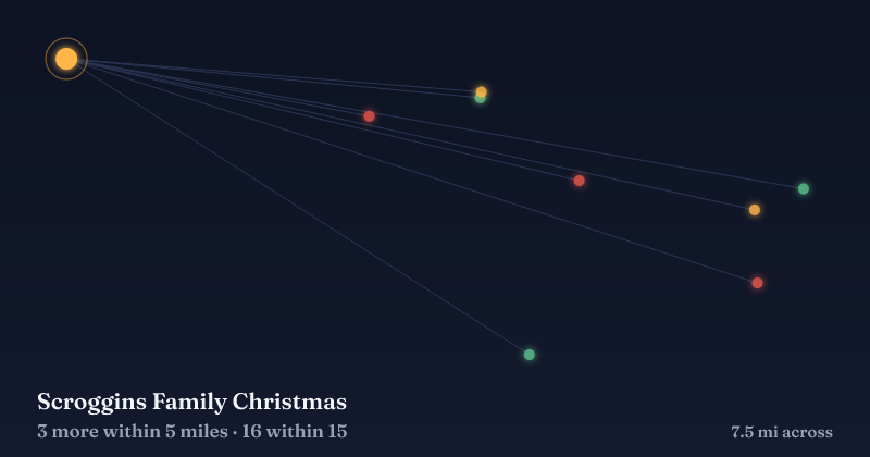 Map of Scroggins Family Christmas and the 16 other Christmas light displays within 15 miles