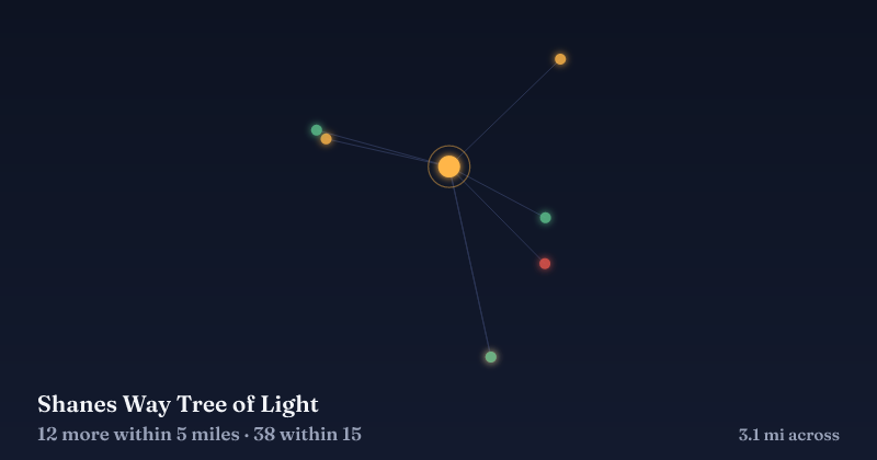 Map of Shanes Way Tree of Light and the 38 other Christmas light displays within 15 miles