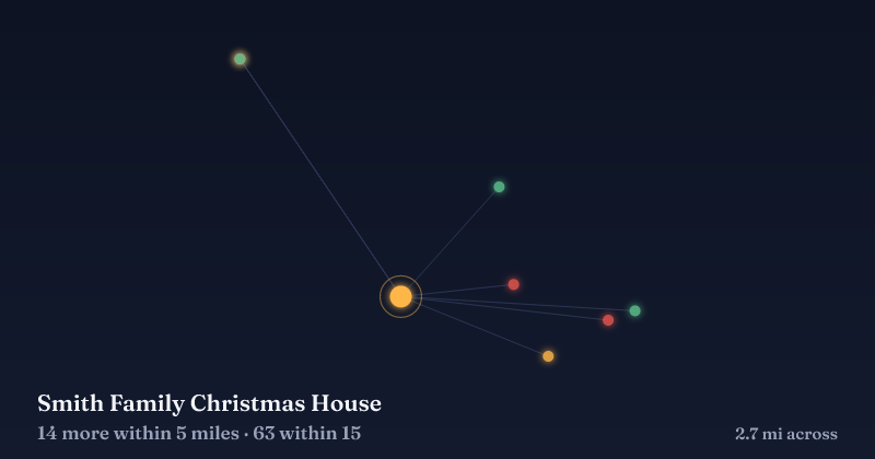 Map of Smith Family Christmas House and the 63 other Christmas light displays within 15 miles