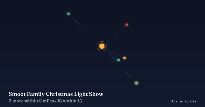 Map of Smoot Family Christmas Light Show and the 16 other Christmas light displays within 15 miles