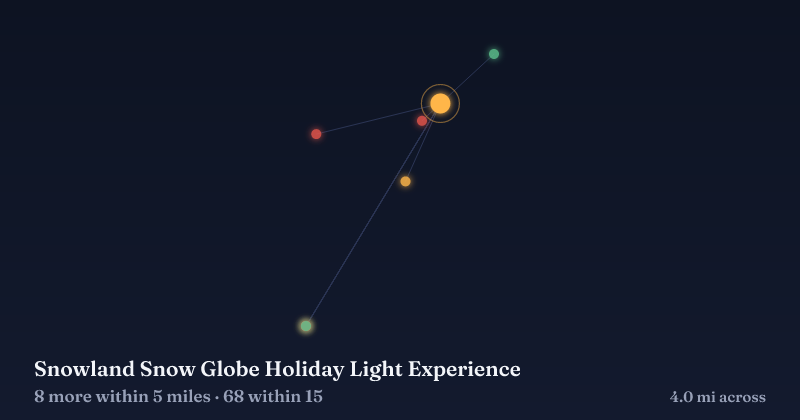 Map of Snowland Snow Globe Holiday Light Experience and the 68 other Christmas light displays within 15 miles