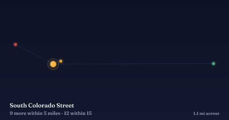 Map of South Colorado Street and the 12 other Christmas light displays within 15 miles
