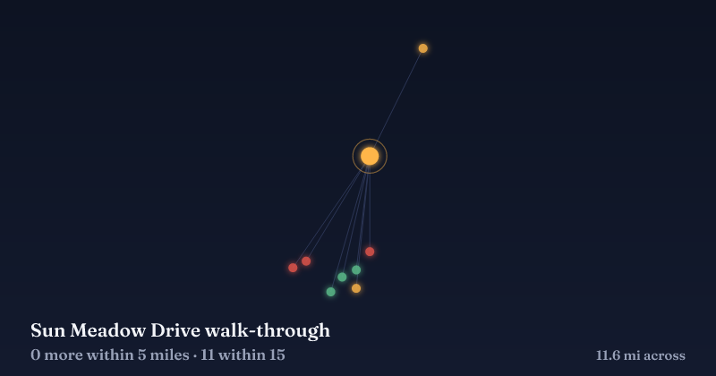 Map of Sun Meadow Drive walk-through and the 11 other Christmas light displays within 15 miles