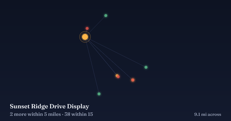 Map of Sunset Ridge Drive Display and the 38 other Christmas light displays within 15 miles